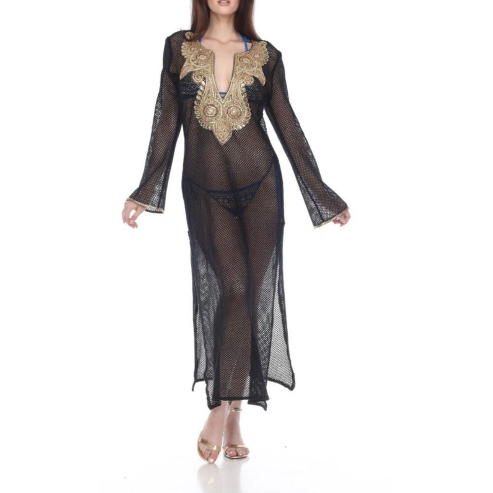 Manish‎ Vaid Dress Cover-Up Medium Black Gold Embellished Resort Beach Poolside